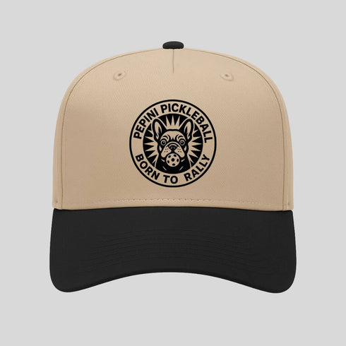 Beige and black cap with 'Pepini Pickleball Born to Rally' logo on a light gray background